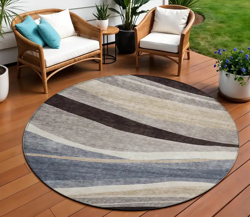 8' Blue Brown And Beige Round Abstract Washable Indoor Outdoor Area Rug Photo 1