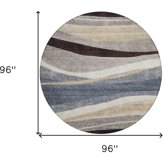 8' Blue Brown And Beige Round Abstract Washable Indoor Outdoor Area Rug Photo 9