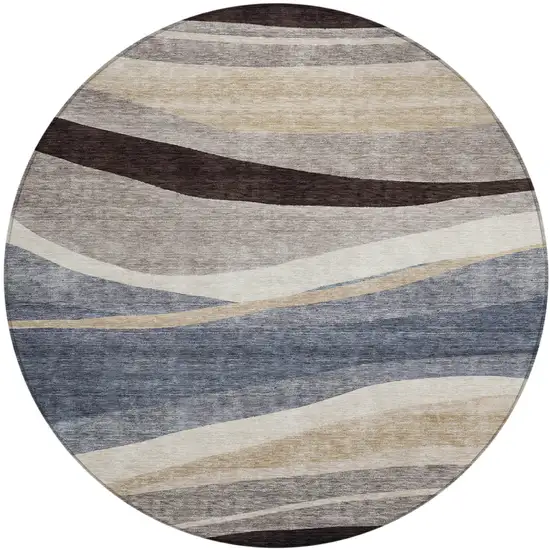 8' Blue Brown And Beige Round Abstract Washable Indoor Outdoor Area Rug Photo 2