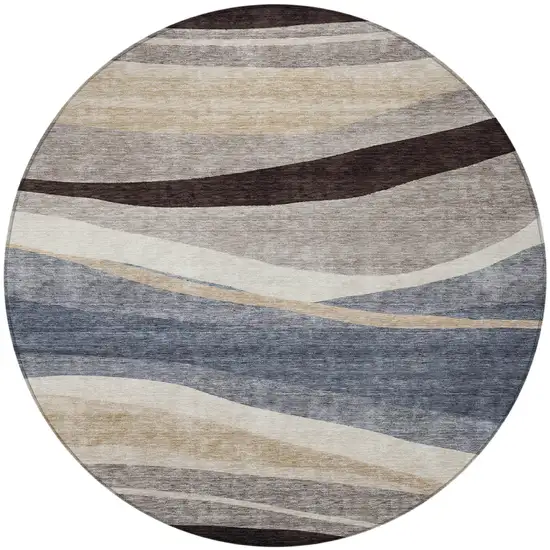 8' Blue Brown And Beige Round Abstract Washable Indoor Outdoor Area Rug Photo 6