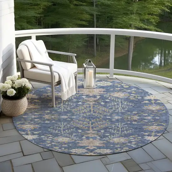 8' Blue Brown And Beige Round Floral Washable Indoor Outdoor Area Rug Photo 8