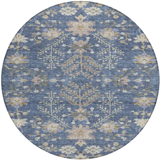 8' Blue Brown And Beige Round Floral Washable Indoor Outdoor Area Rug Photo 2