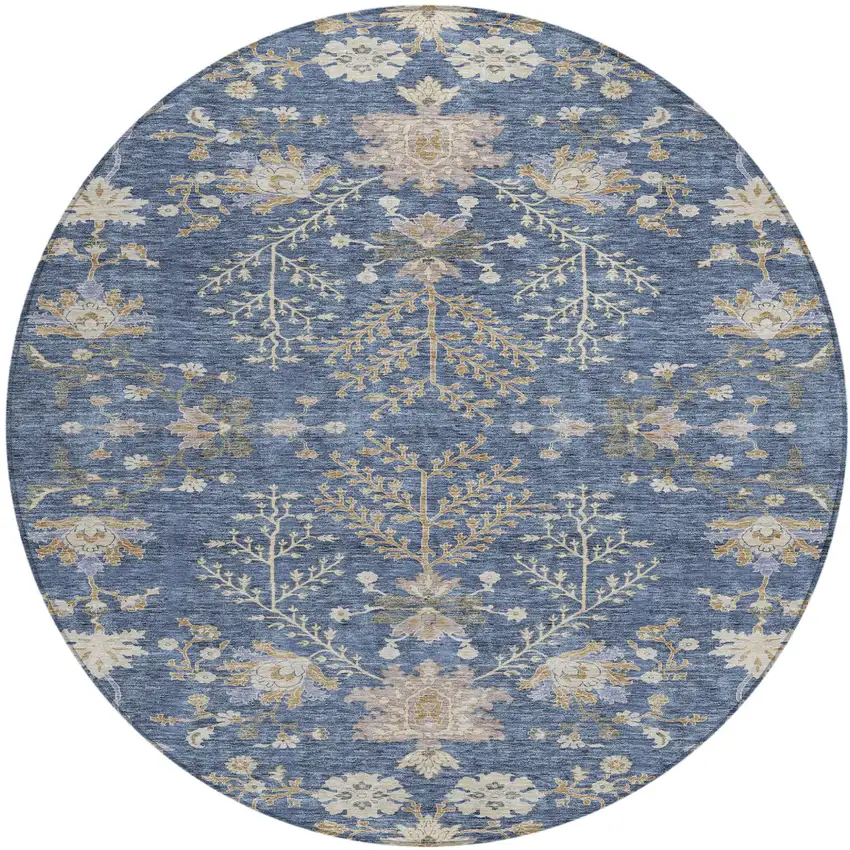 8' Blue Brown And Beige Round Floral Washable Indoor Outdoor Area Rug Photo 2