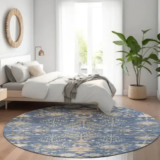 8' Blue Brown And Beige Round Floral Washable Indoor Outdoor Area Rug Photo 9