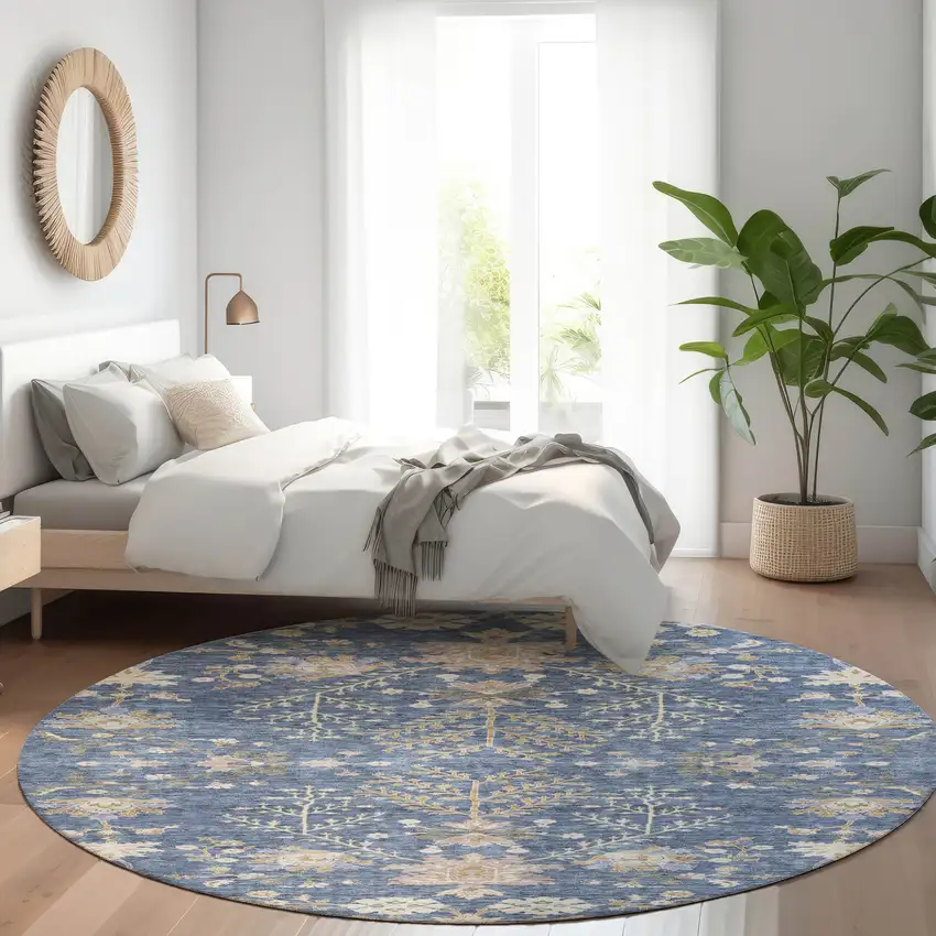 8' Blue Brown And Beige Round Floral Washable Indoor Outdoor Area Rug Photo 9