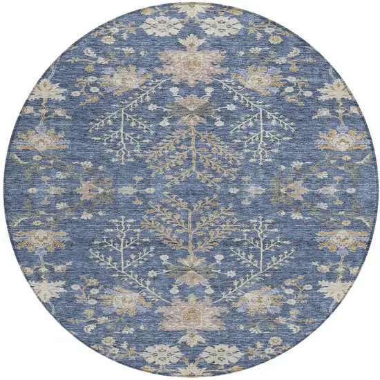 8' Blue Brown And Beige Round Floral Washable Indoor Outdoor Area Rug Photo 7