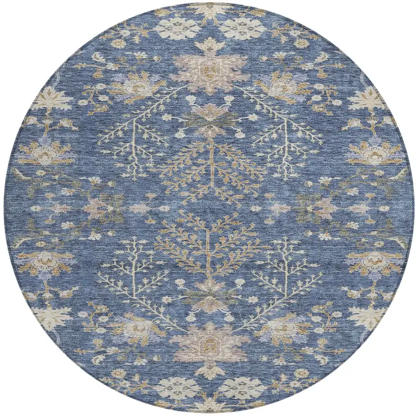 8' Blue Brown And Beige Round Floral Washable Indoor Outdoor Area Rug Photo 7