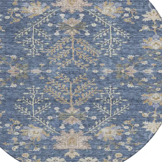 8' Blue Brown And Beige Round Floral Washable Indoor Outdoor Area Rug Photo 6
