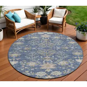 Photo of 8' Blue Brown And Beige Round Floral Washable Indoor Outdoor Area Rug