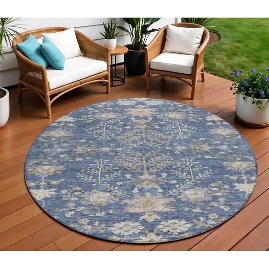 8' Blue Brown And Beige Round Floral Washable Indoor Outdoor Area Rug Photo 1