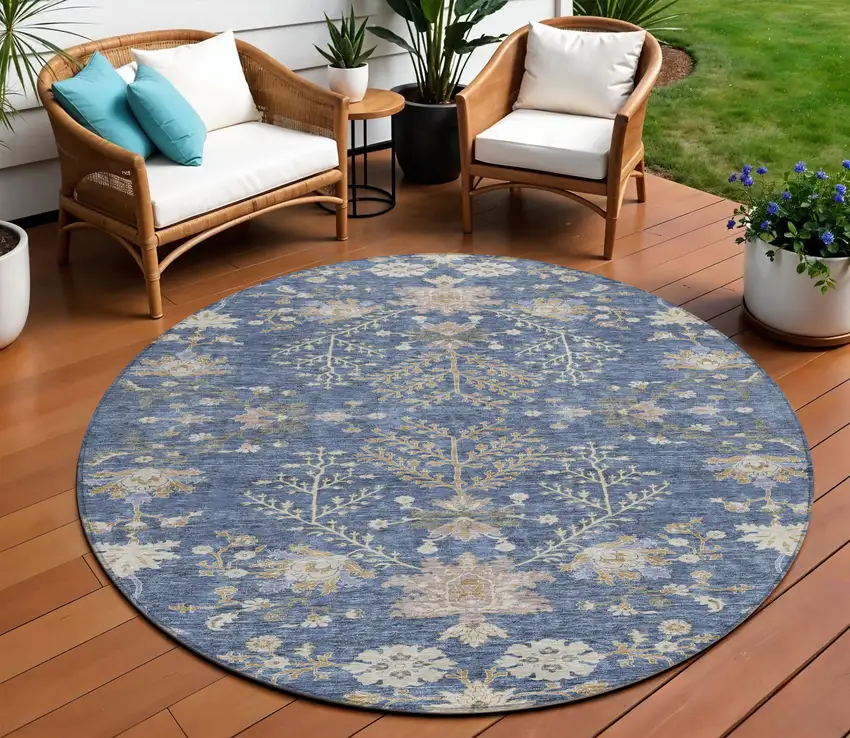 8' Blue Brown And Beige Round Floral Washable Indoor Outdoor Area Rug Photo 1