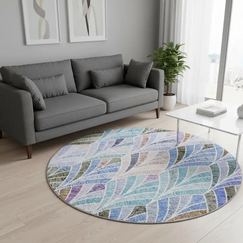 8' Blue Brown And Blush Geometric Washable Round Rug With UV Protection Photo 2