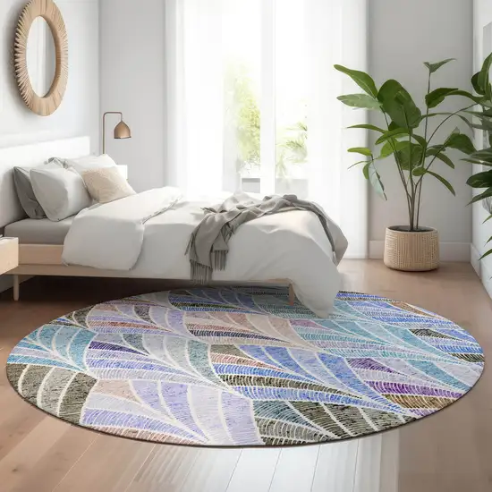 8' Blue Brown And Blush Geometric Washable Round Rug With UV Protection Photo 5