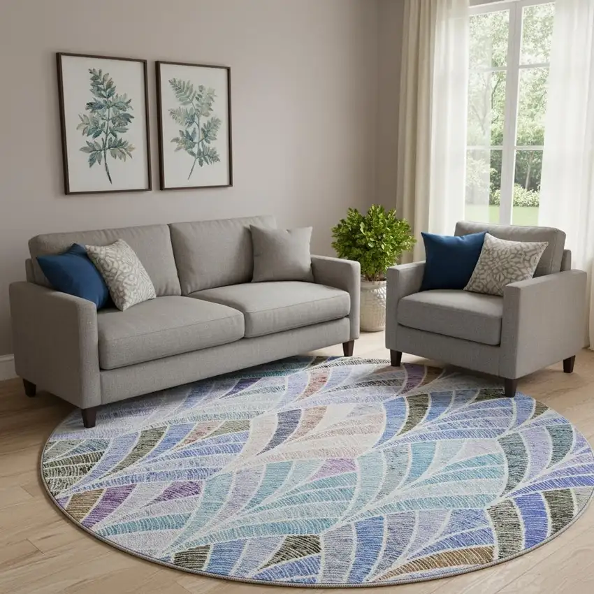 8' Blue Brown And Blush Geometric Washable Round Rug With UV Protection Photo 1