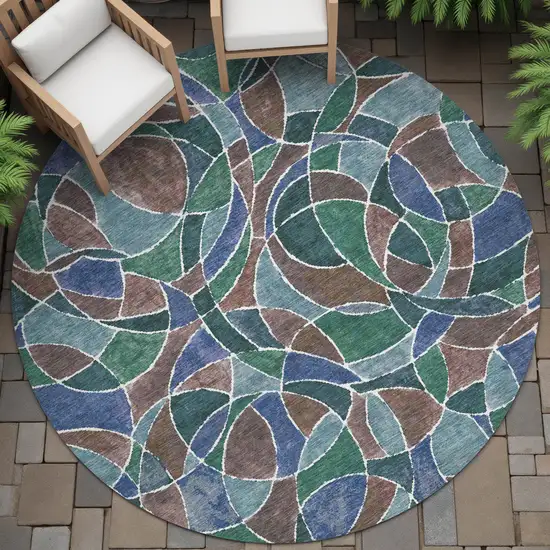 8' Blue Brown And Emerald Round Geometric Washable Indoor Outdoor Area Rug Photo 6