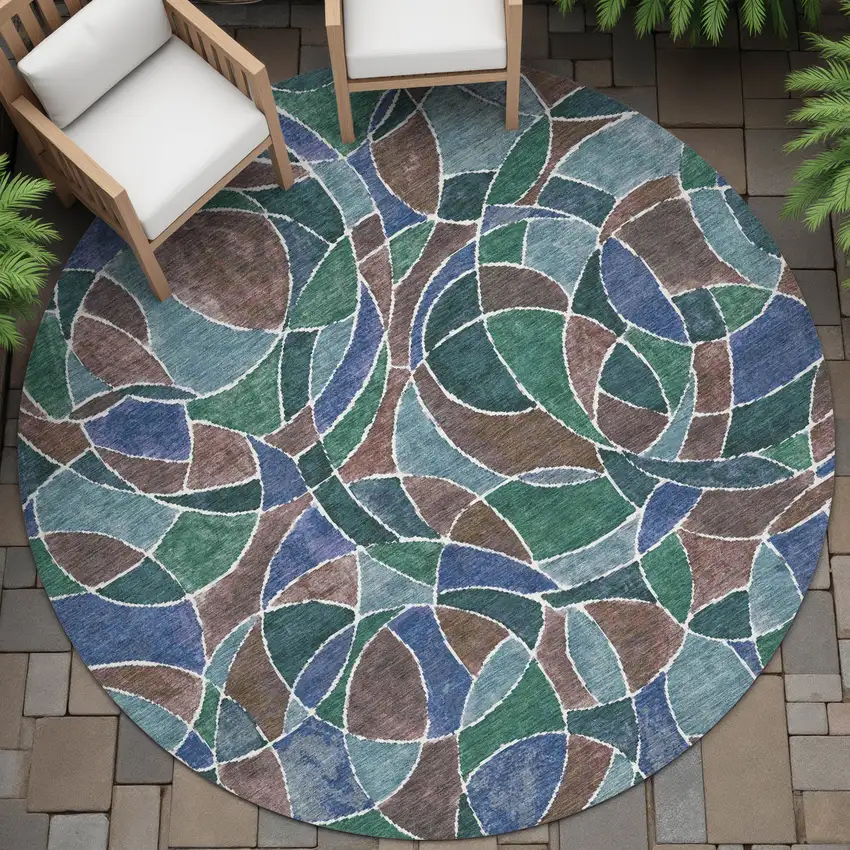 8' Blue Brown And Emerald Round Geometric Washable Indoor Outdoor Area Rug Photo 6