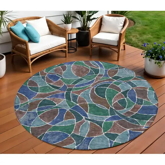 8' Blue Brown And Emerald Round Geometric Washable Indoor Outdoor Area Rug Photo 2