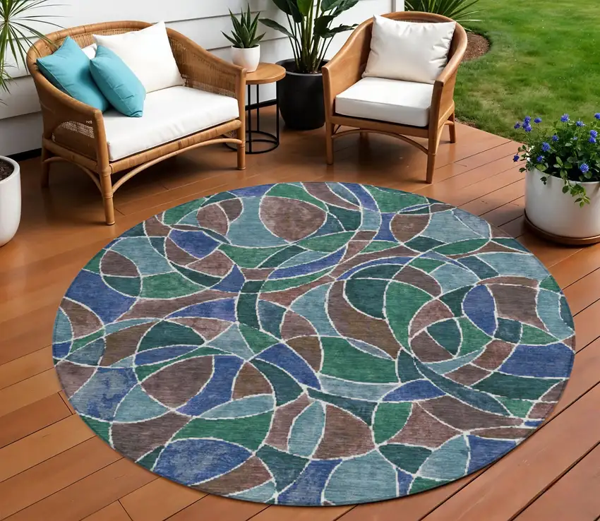 8' Blue Brown And Emerald Round Geometric Washable Indoor Outdoor Area Rug Photo 2
