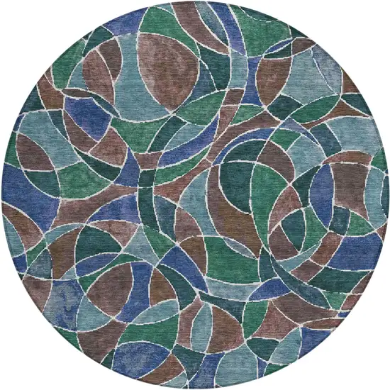 8' Blue Brown And Emerald Round Geometric Washable Indoor Outdoor Area Rug Photo 1