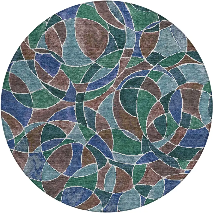 8' Blue Brown And Emerald Round Geometric Washable Indoor Outdoor Area Rug Photo 1