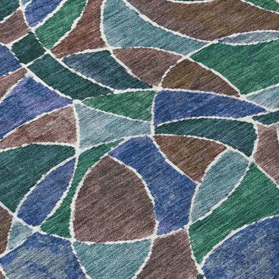 8' Blue Brown And Emerald Round Geometric Washable Indoor Outdoor Area Rug Photo 5