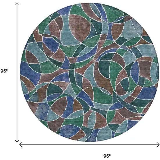 8' Blue Brown And Emerald Round Geometric Washable Indoor Outdoor Area Rug Photo 8