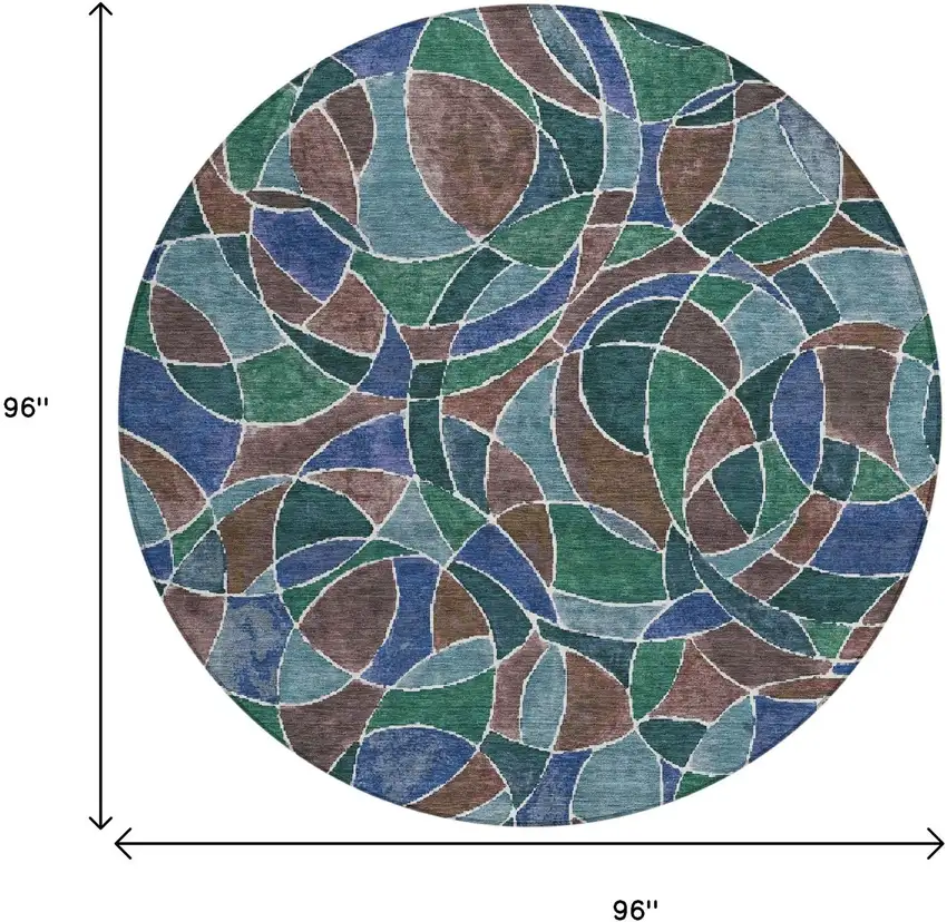 8' Blue Brown And Emerald Round Geometric Washable Indoor Outdoor Area Rug Photo 8