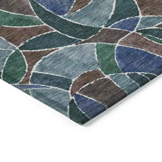 8' Blue Brown And Emerald Round Geometric Washable Indoor Outdoor Area Rug Photo 4