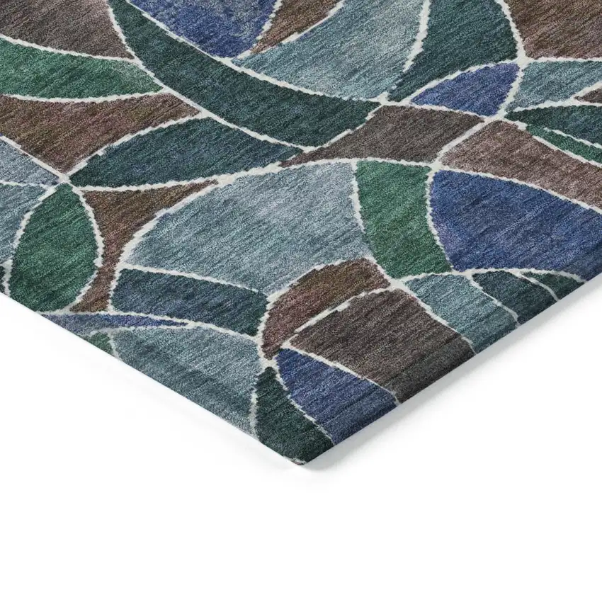 8' Blue Brown And Emerald Round Geometric Washable Indoor Outdoor Area Rug Photo 4