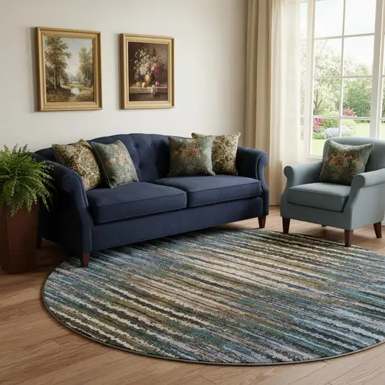 8' Blue Brown And Gray Striped Washable Round Rug With UV Protection Photo 6