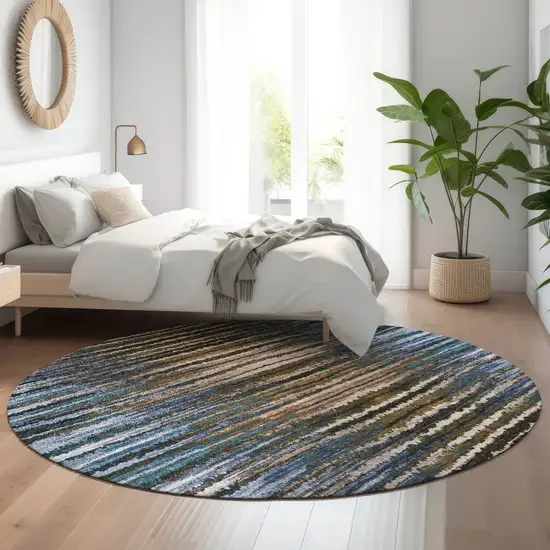 8' Blue Brown And Gray Striped Washable Round Rug With UV Protection Photo 5