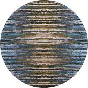 Photo of 8' Blue Brown And Gray Striped Washable Round Rug With UV Protection