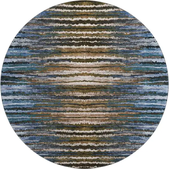 8' Blue Brown And Gray Striped Washable Round Rug With UV Protection Photo 1