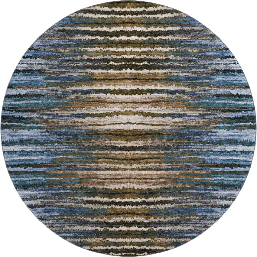 8' Blue Brown And Gray Striped Washable Round Rug With UV Protection Photo 1
