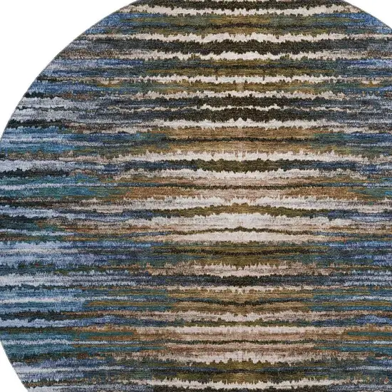 8' Blue Brown And Gray Striped Washable Round Rug With UV Protection Photo 4