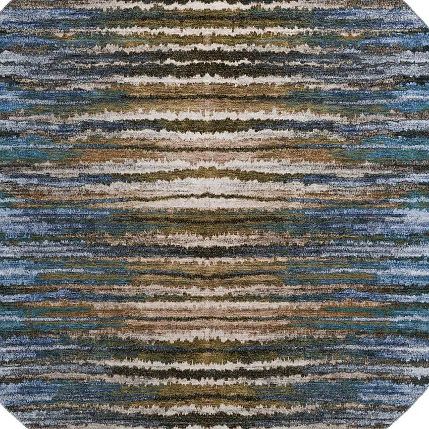 8' Blue Brown And Gray Striped Washable Round Rug With UV Protection Photo 3