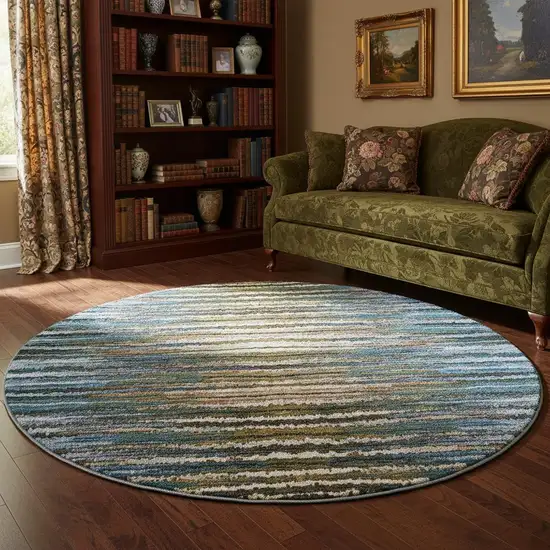 8' Blue Brown And Gray Striped Washable Round Rug With UV Protection Photo 2
