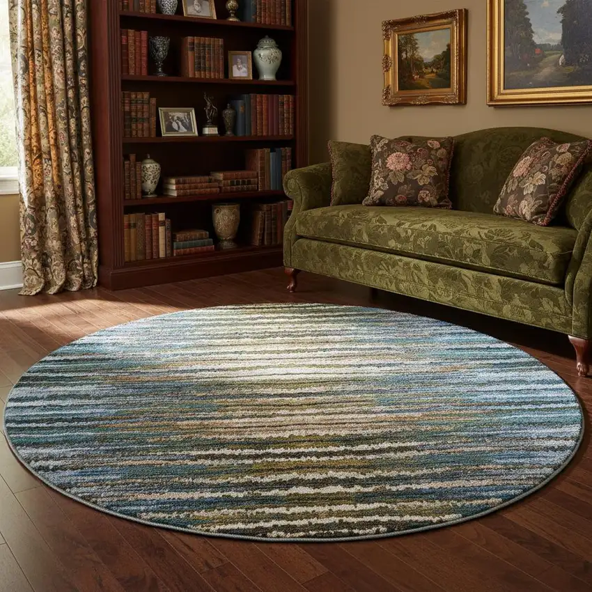 8' Blue Brown And Gray Striped Washable Round Rug With UV Protection Photo 2