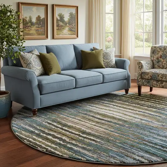 8' Blue Brown And Gray Striped Washable Round Rug With UV Protection Photo 2