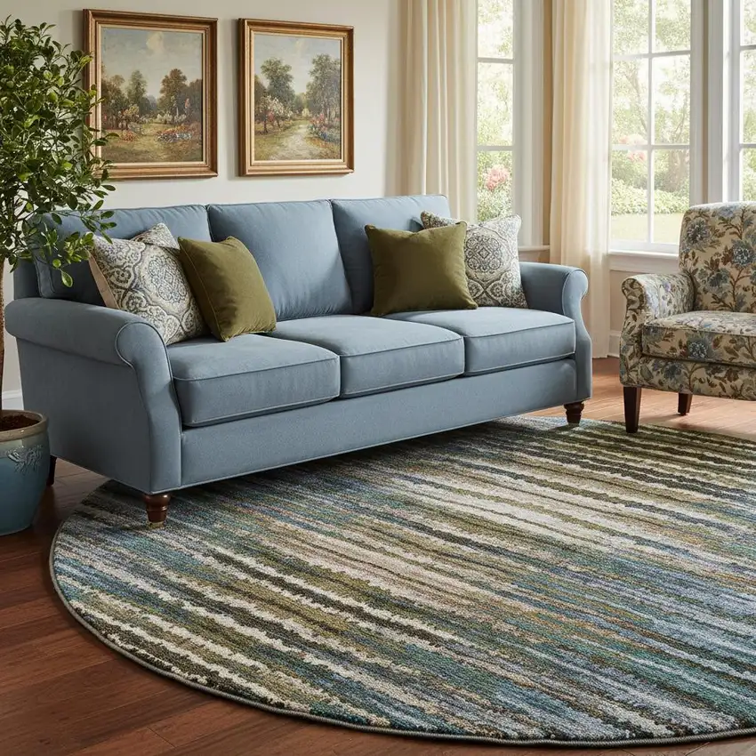 8' Blue Brown And Gray Striped Washable Round Rug With UV Protection Photo 2