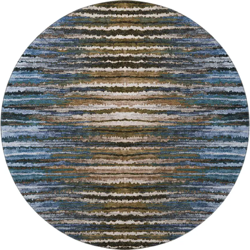 8' Blue Brown And Gray Striped Washable Round Rug With UV Protection Photo 4