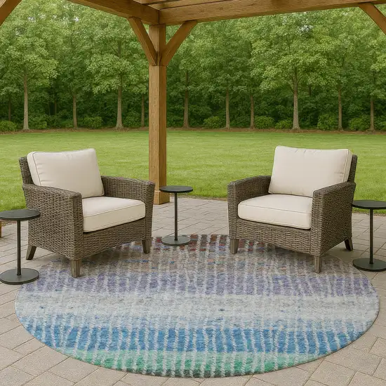 8' Blue Brown And Green Round Striped Washable Indoor Outdoor Area Rug Photo 8