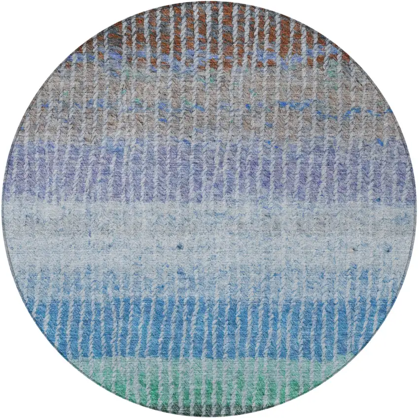 8' Blue Brown And Green Round Striped Washable Indoor Outdoor Area Rug Photo 5