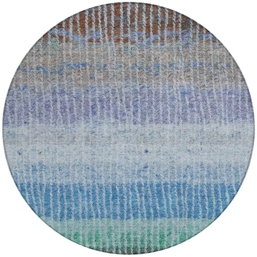 8' Blue Brown And Green Round Striped Washable Indoor Outdoor Area Rug Photo 4