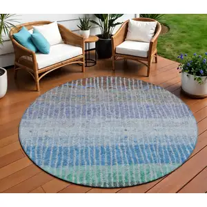 Photo of 8' Blue Brown And Green Round Striped Washable Indoor Outdoor Area Rug