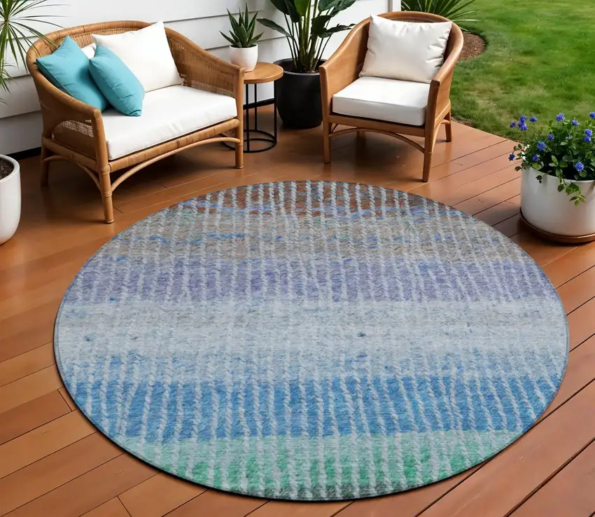 8' Blue Brown And Green Round Striped Washable Indoor Outdoor Area Rug Photo 1