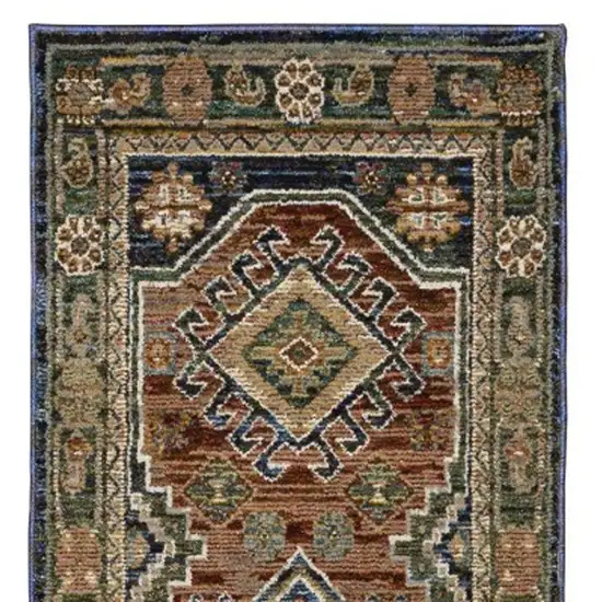 12' Blue Brown And Green Tribal Runner Rug Photo 2
