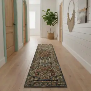 Photo of 12' Blue Brown And Green Tribal Runner Rug