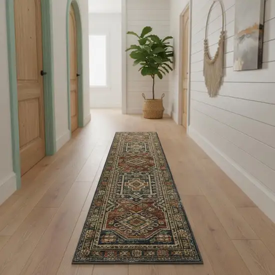 12' Blue Brown And Green Tribal Runner Rug Photo 1