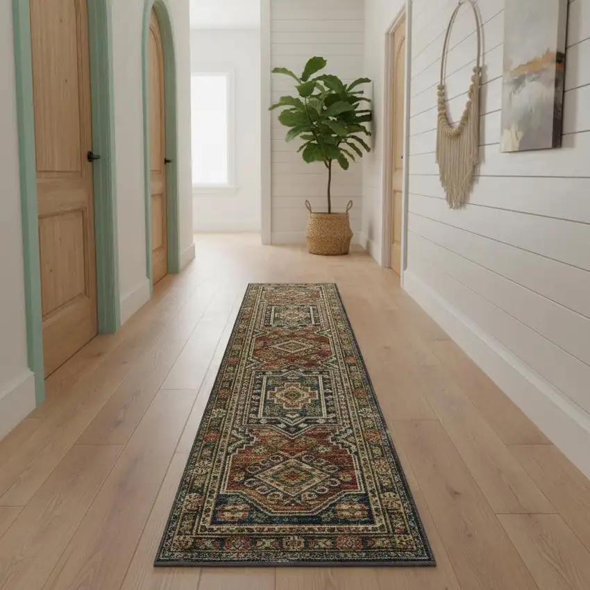 12' Blue Brown And Green Tribal Runner Rug Photo 1